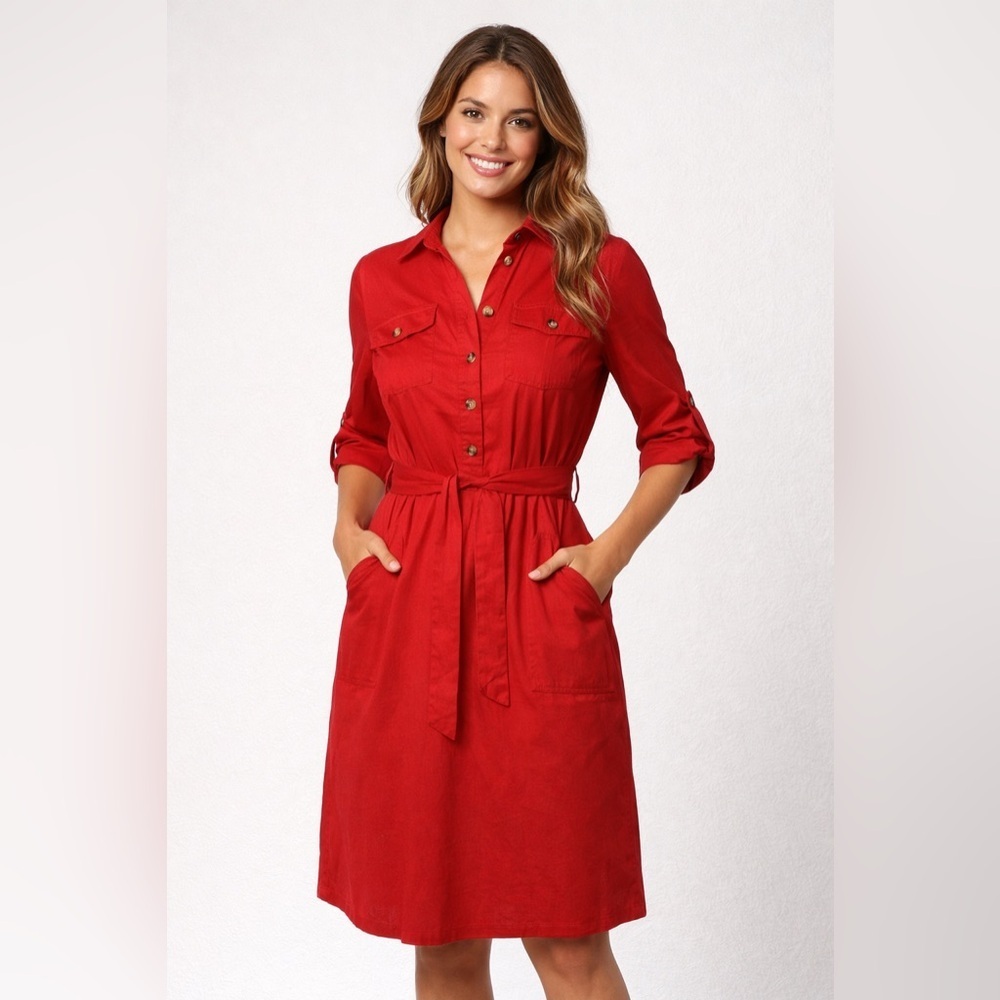 Croft & Barrow Red Midi Belted Dress 3/4 Sleeve Pockets Classic Casual Size 6